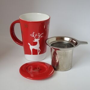 Davids Tea Rudolph Red Deer Tea Mug with Infuser and Lid/Saucer Holiday 12 oz